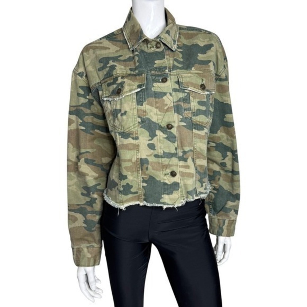Free People Camo Cropped Denim Jacket Green Camouflage Raw Hem Small - Picture 3 of 7